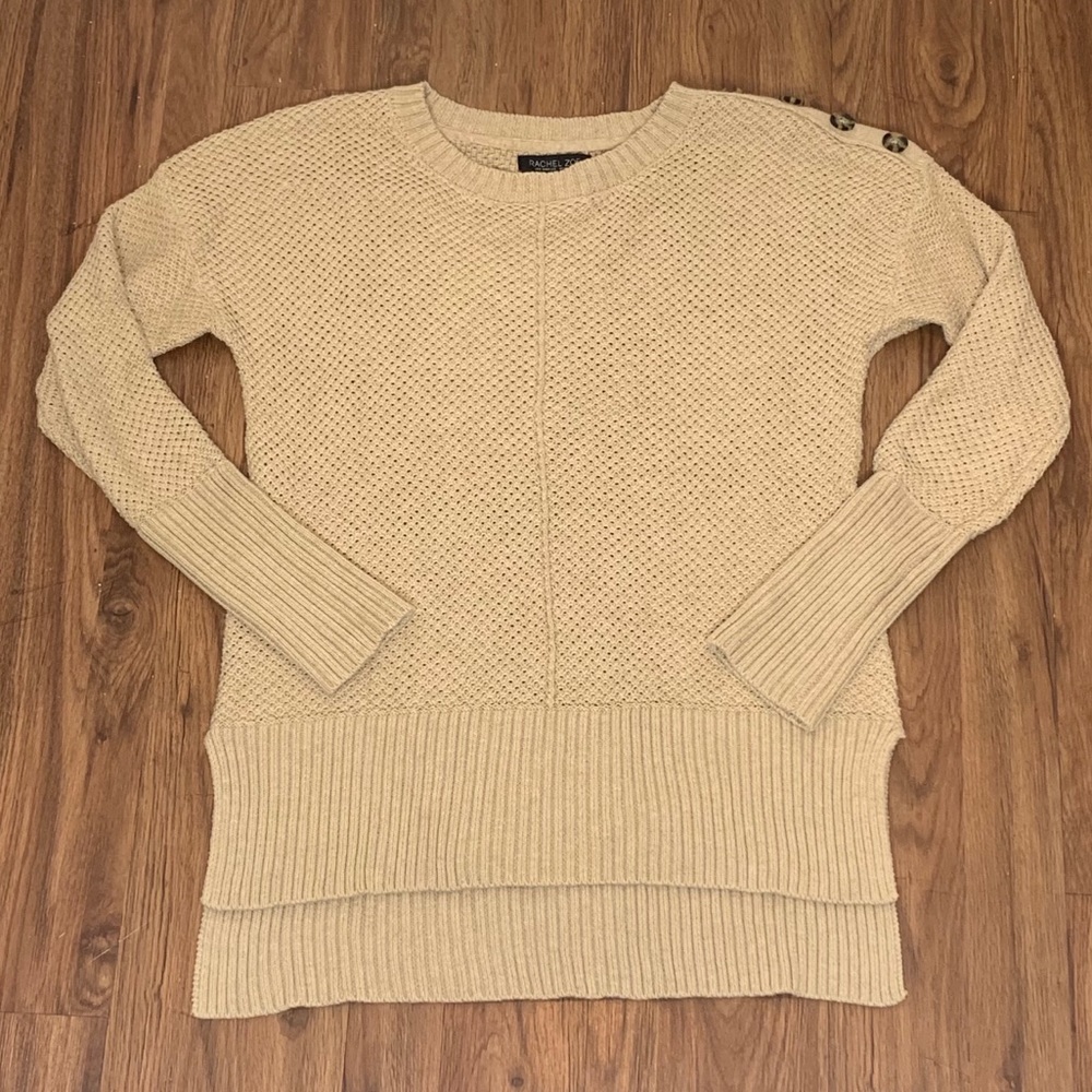 Tan High/Low Sweater with Shoulder Button Detail